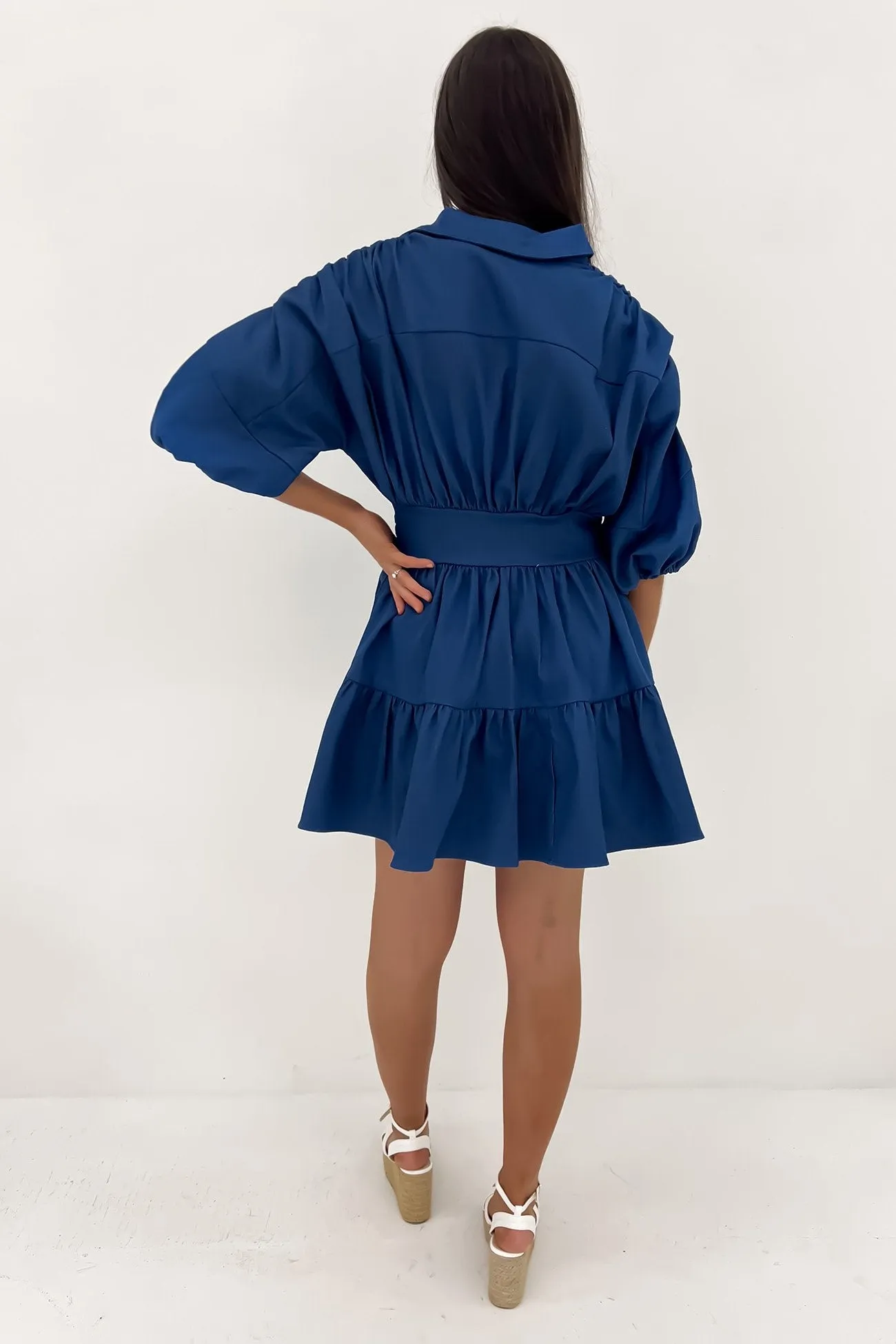 Lace Accent Calm Shine Cambri Denim Mini Dress Blue