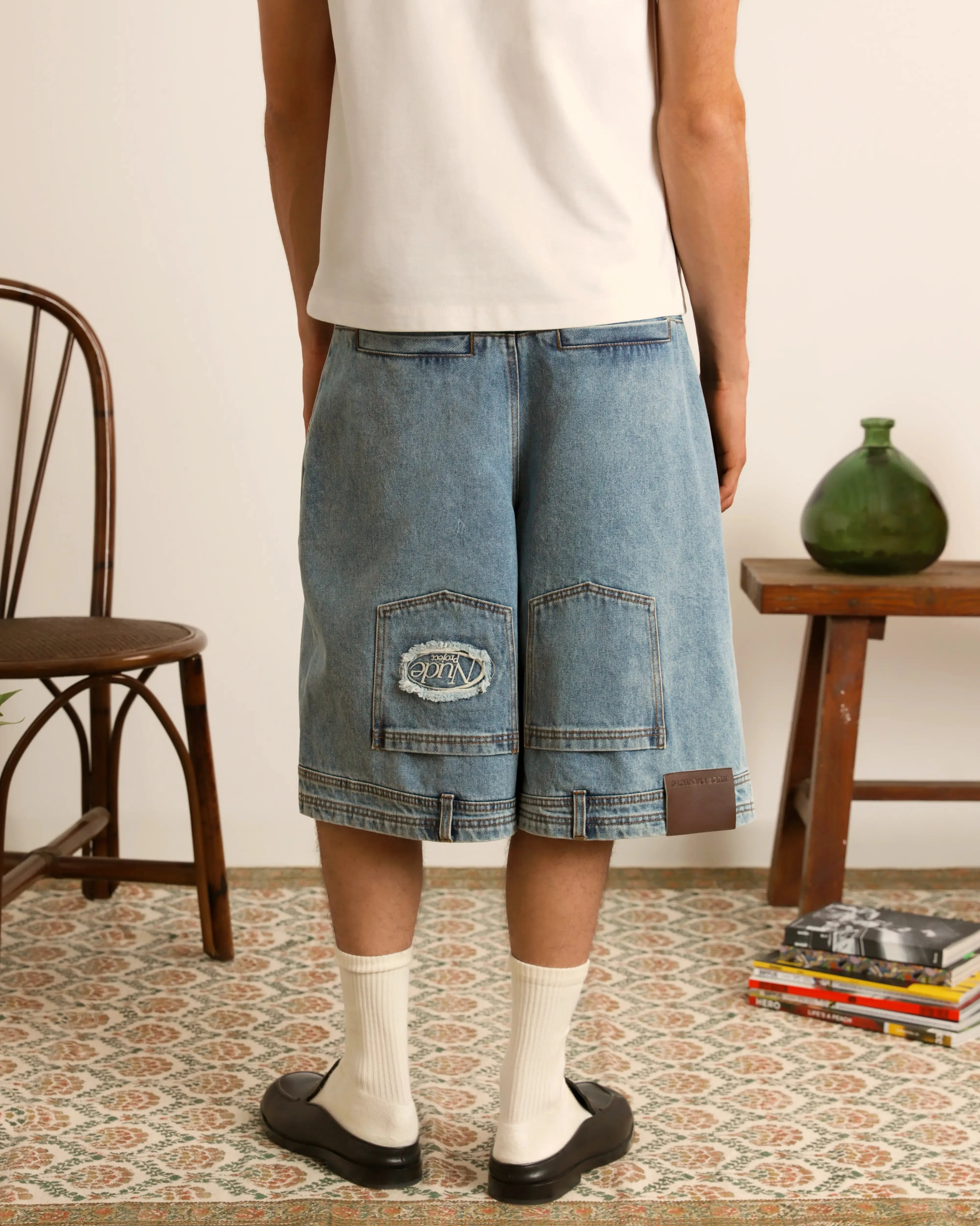 Updown Denim Shorts Adaptive design checkered pattern