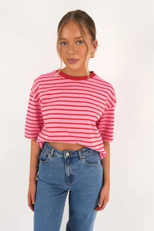 Ruffled edges Fashion-Forward Fit Zora Tee Pink Stripe