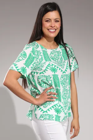 Short sleeve Top with hi low hem | Green White Tile | 3338A1 Tough Core
