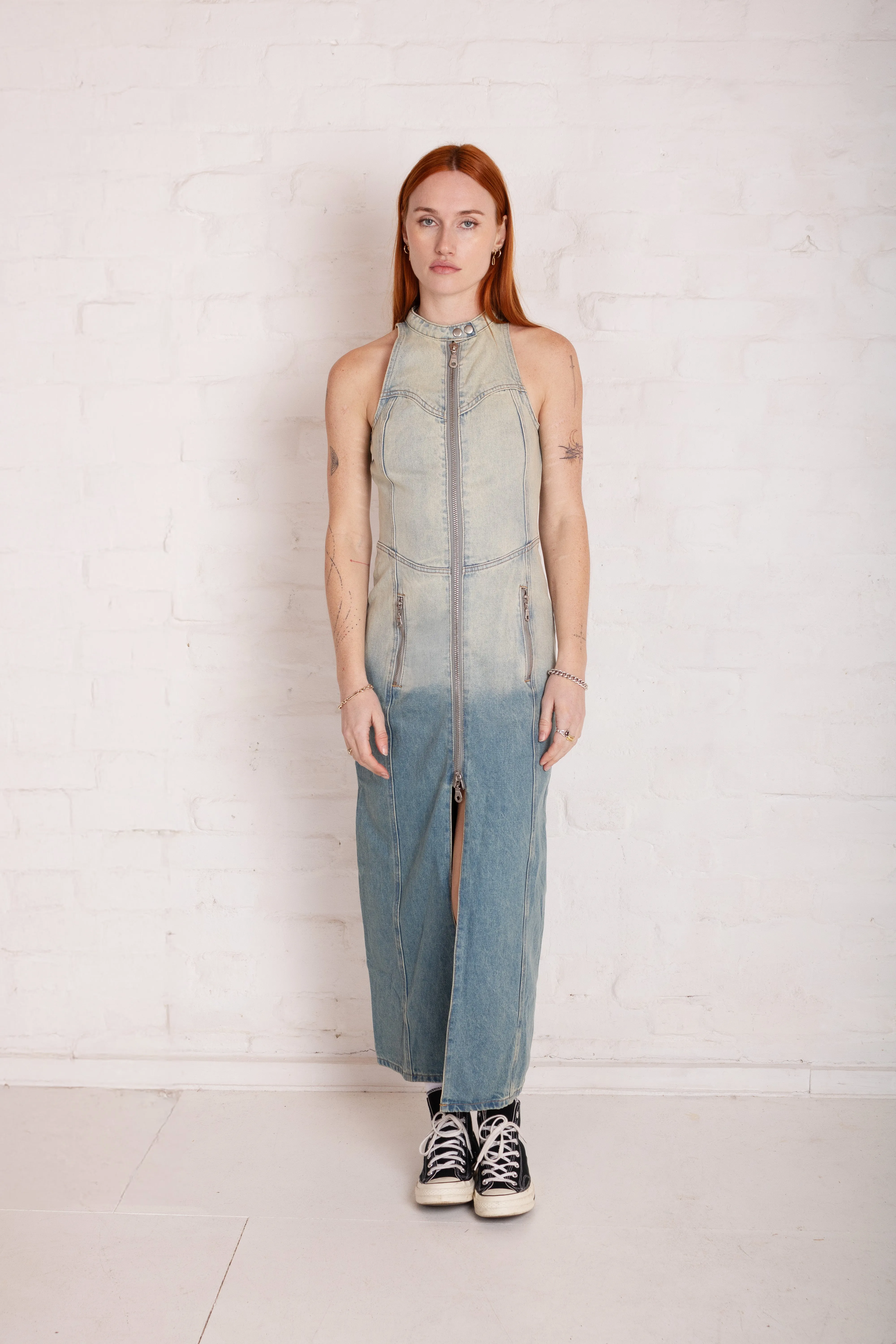 Dirty Wash Denim Maxi Dress TaglessLabel