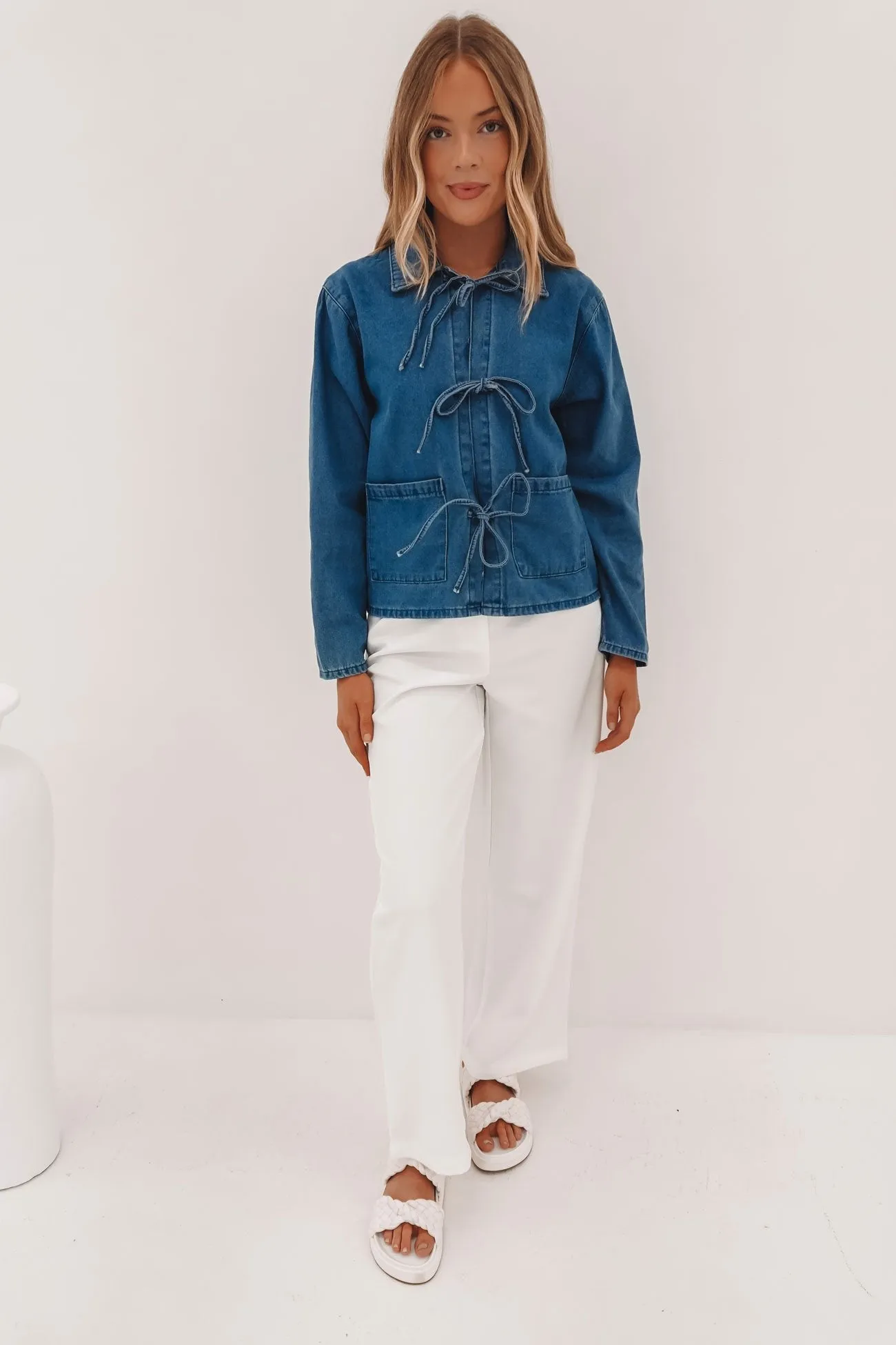 Double Stitch Reinforcement Wylie Denim Light Weight Jacket Mid Blue